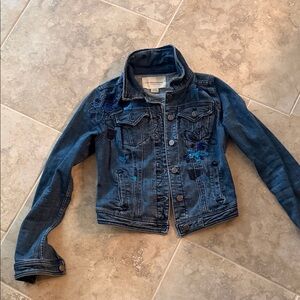 Anthropologie Women’s Denim Jacket with Blue Floral Embroidery